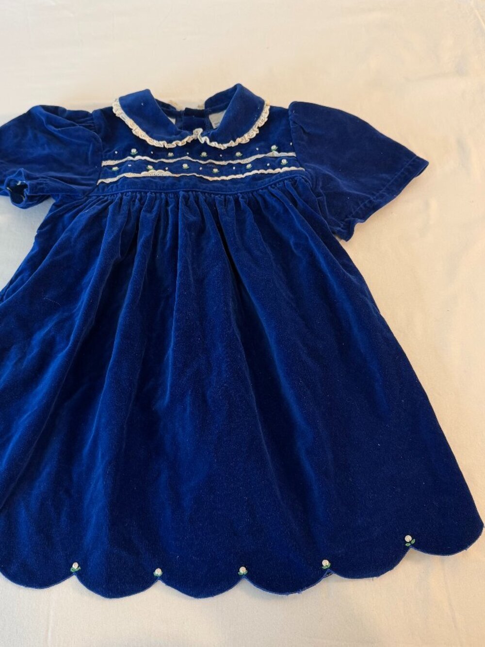 Vintage Just Friends Girls Blue Velour Dress 3T Peter Pan Collar Embroidered